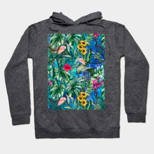 Cute tropical floral leaves botanical illustration, tropical plants,leaves and flowers, blue turquoise leaves pattern Over a Hoodie